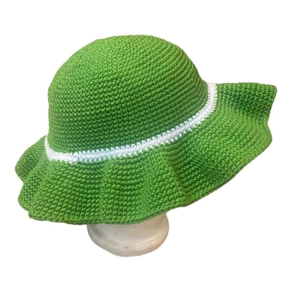 Crochet Green White Bucket Hat‎ Summer Beach Cottagecore One Size Handmade